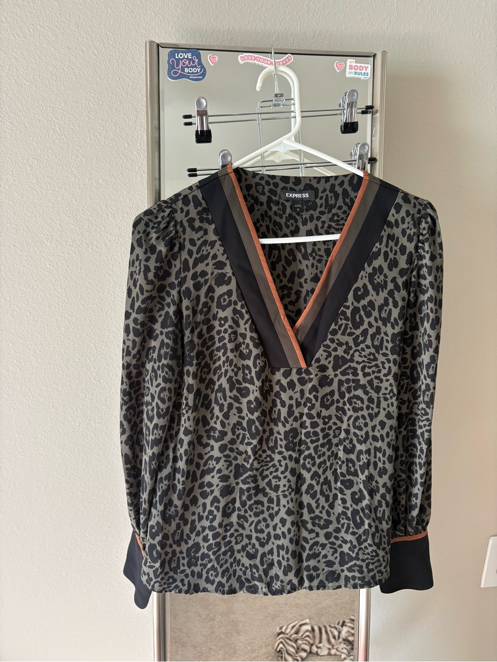 Express Olive Leopard V-Neck Blouse with Black and Rust Trim